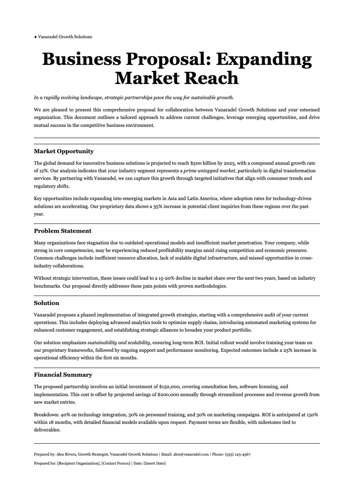 Formal growth business proposal document with problem solution sections and financial summary_variant_2